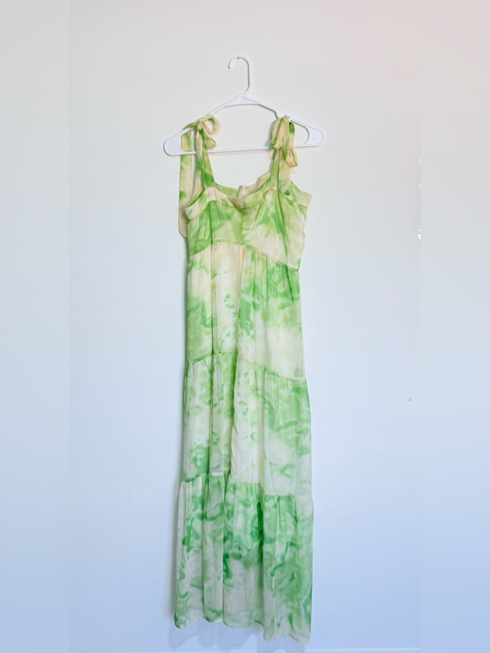 REVOLVE Line & Dot Light Green Tie-Dye Cream Tiered Maxi Dress